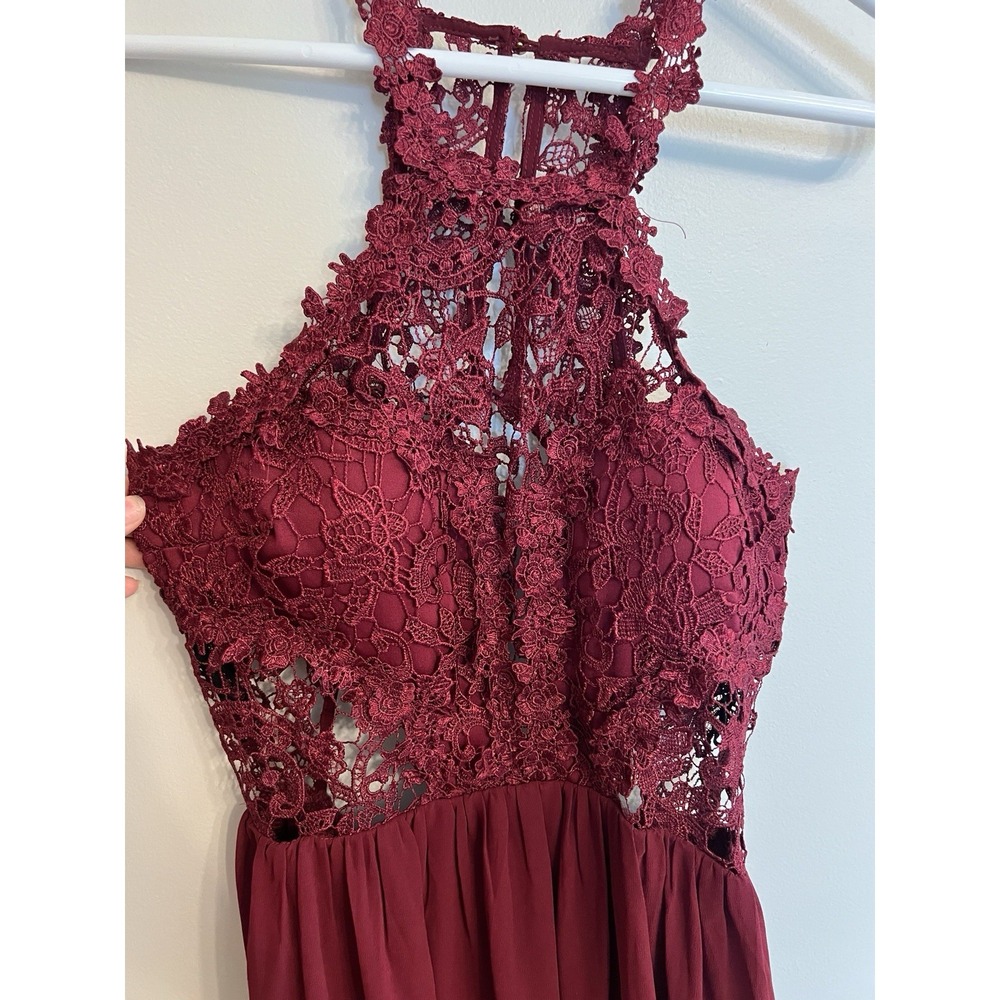 Formal sleeveless maxi dress, Soeiblu Maroon Lace High Neck Chiffon Skirt - Picture 3 of 7